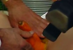 Horny grey haired stud fucks his thirsting blond wifey with carrot and cucumber