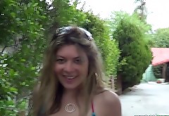 Cute young bitch in thongs washes car before giving blowjob
