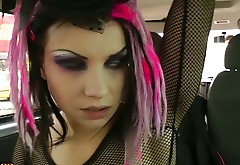 Green eyed goth whore blows and strokes massive dick in minivan